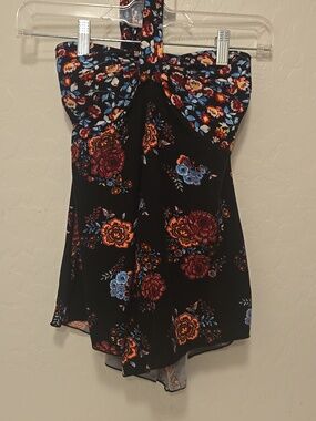No Boundaries Black Floral Halter with Blue and Red Floral Accents